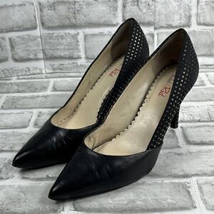 Violet & Red Sydney Women’s 9.5 Black Leather Metallic Gold Polka Dots Heels